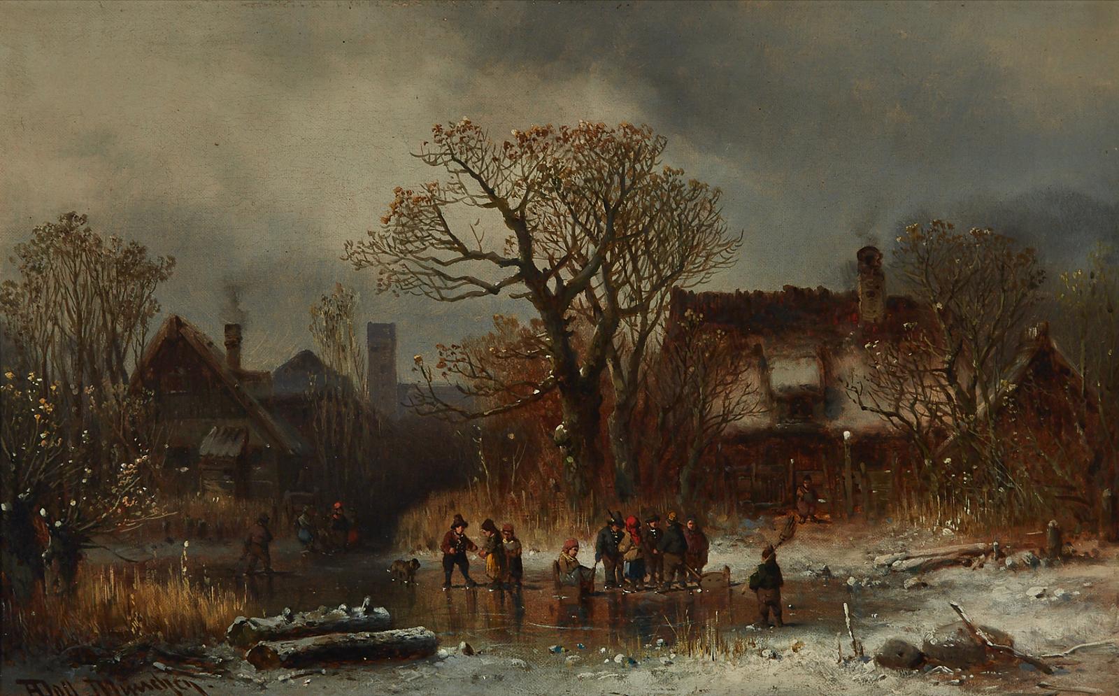 Anton Doll (1826-1887) - Children Skating In The Village Pond
