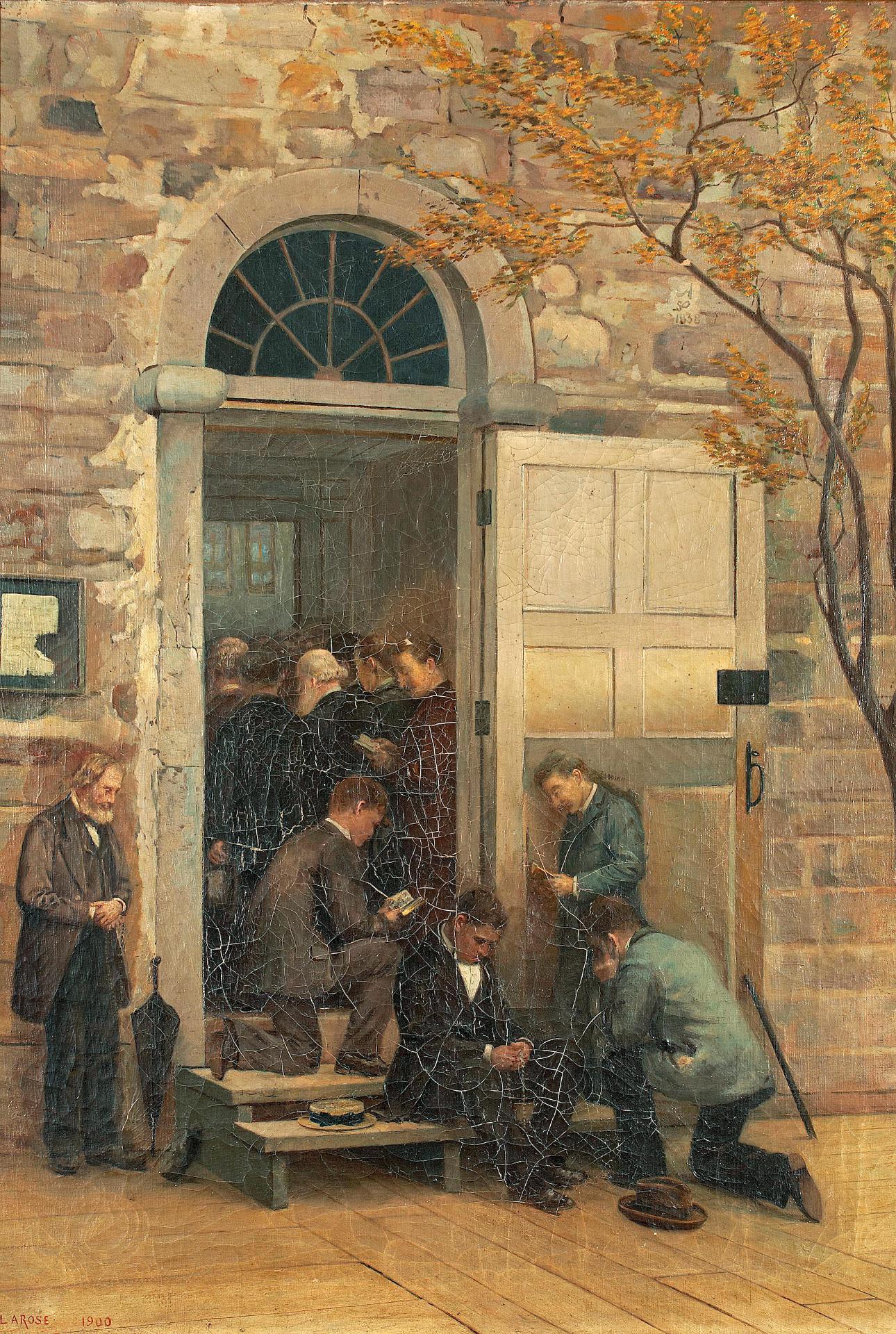 Ludger Larose (1865-1915) - La messe à l'église (débordante de fidèles) à St-Jérome, Qué.