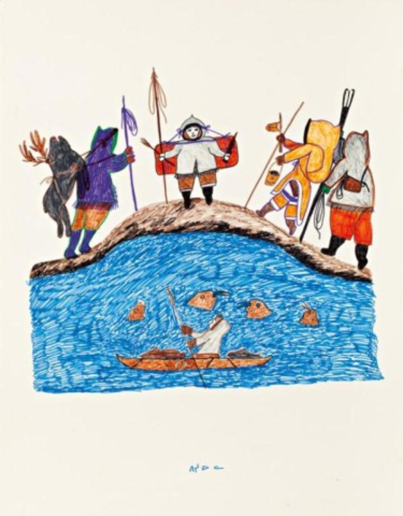 Pitseolak Ashoona (1904-1983) - Summer scene with travellers, kayak and walrus, ca. early 1970s
