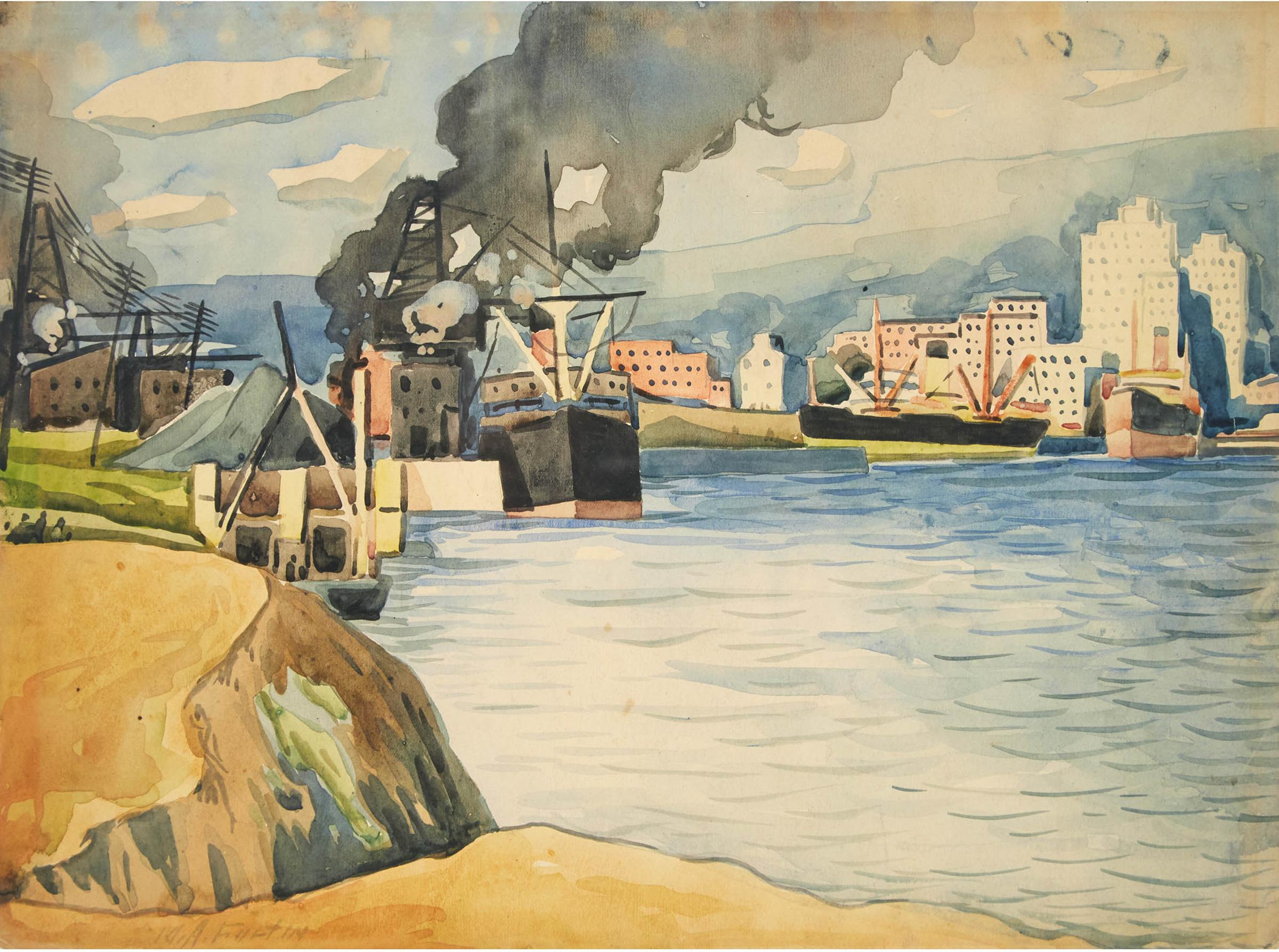 Marc-Aurèle Fortin (1888-1970) - Le Port De Montréal Avec Bateaux Et Fumée, Ca. 1932