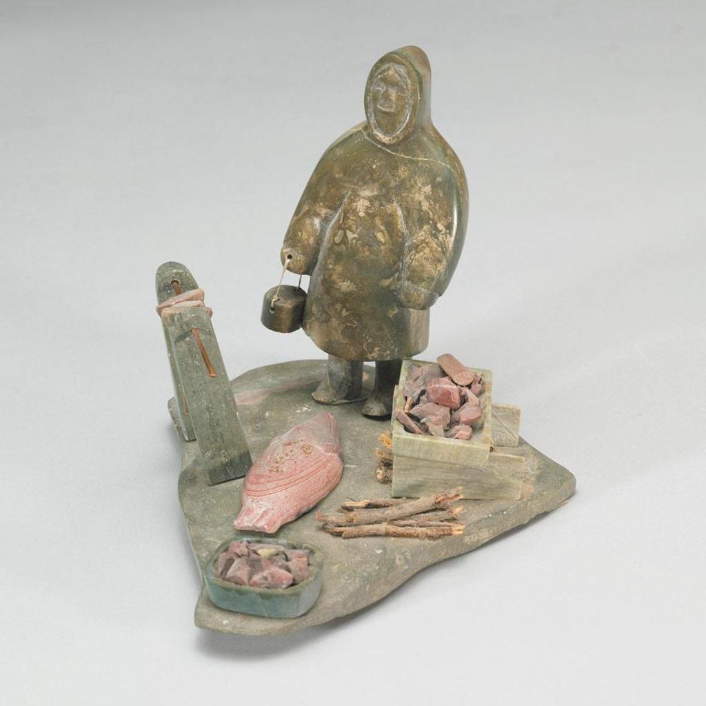 Naomi Atatahak (1926) - Inuit Figure Standing In His Camp With Caught Fish And A Seal