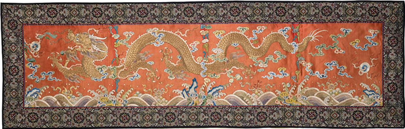 Chinese Art - A Chinese Apricot Silk Ground 'Dragon' Altar Panel, 18th Century