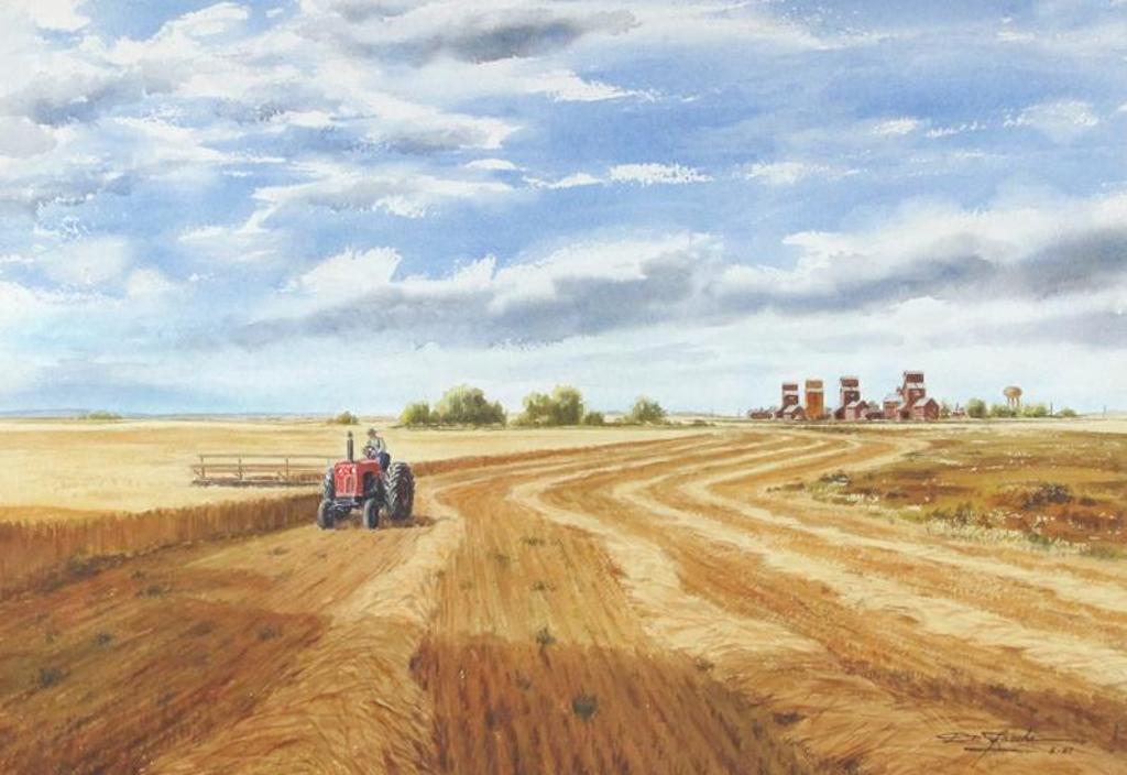 Don Frache (1919-1994) - Swathing Scene With Grain Elevators; 1967