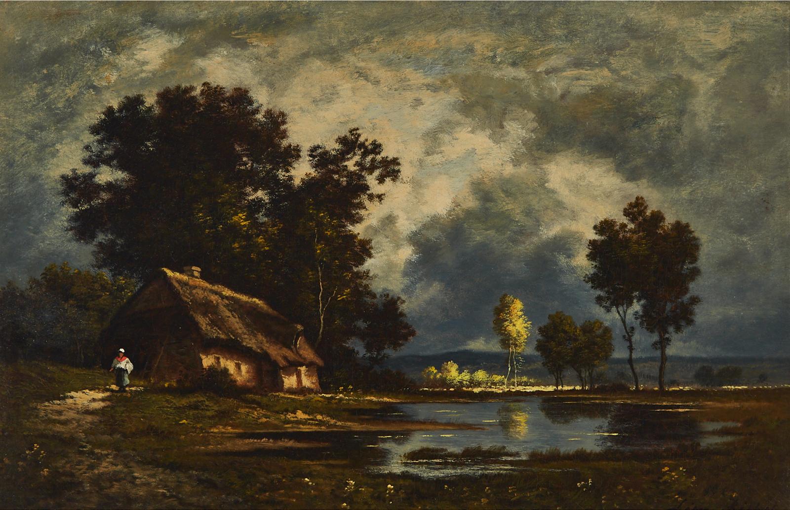 Léon Richet (1847-1907) - Woman Outside A Cottage On A River With Sunlight Breaking
