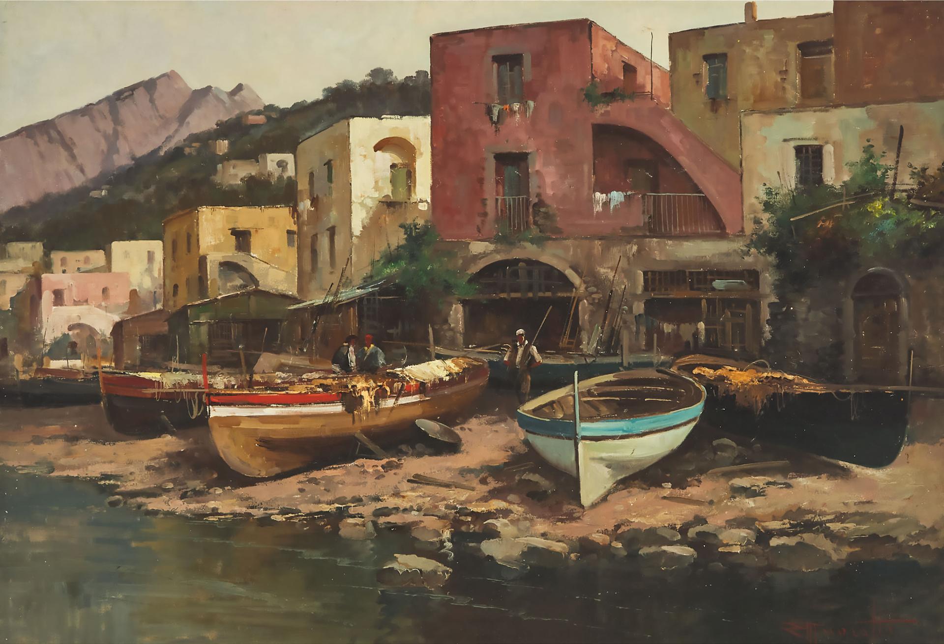 Ercole Magrotti (1890-1967) - Boats On The Shore Of A Village