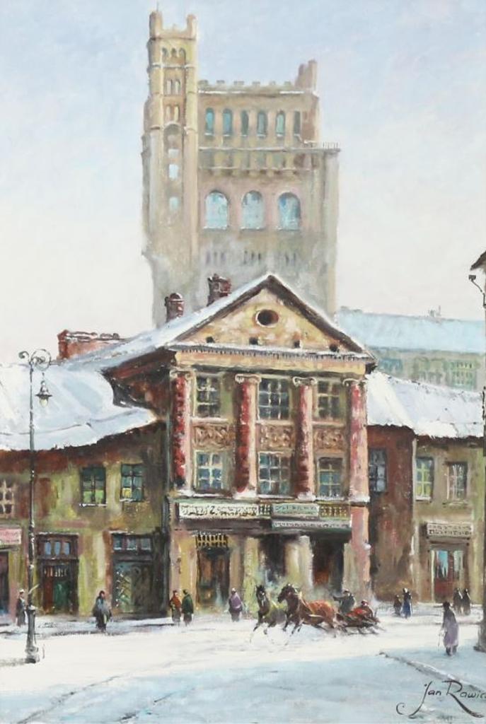 Jan Rawicz (1914) - Winter Scene With  Tall Buildings And Horses Rounding The Corner