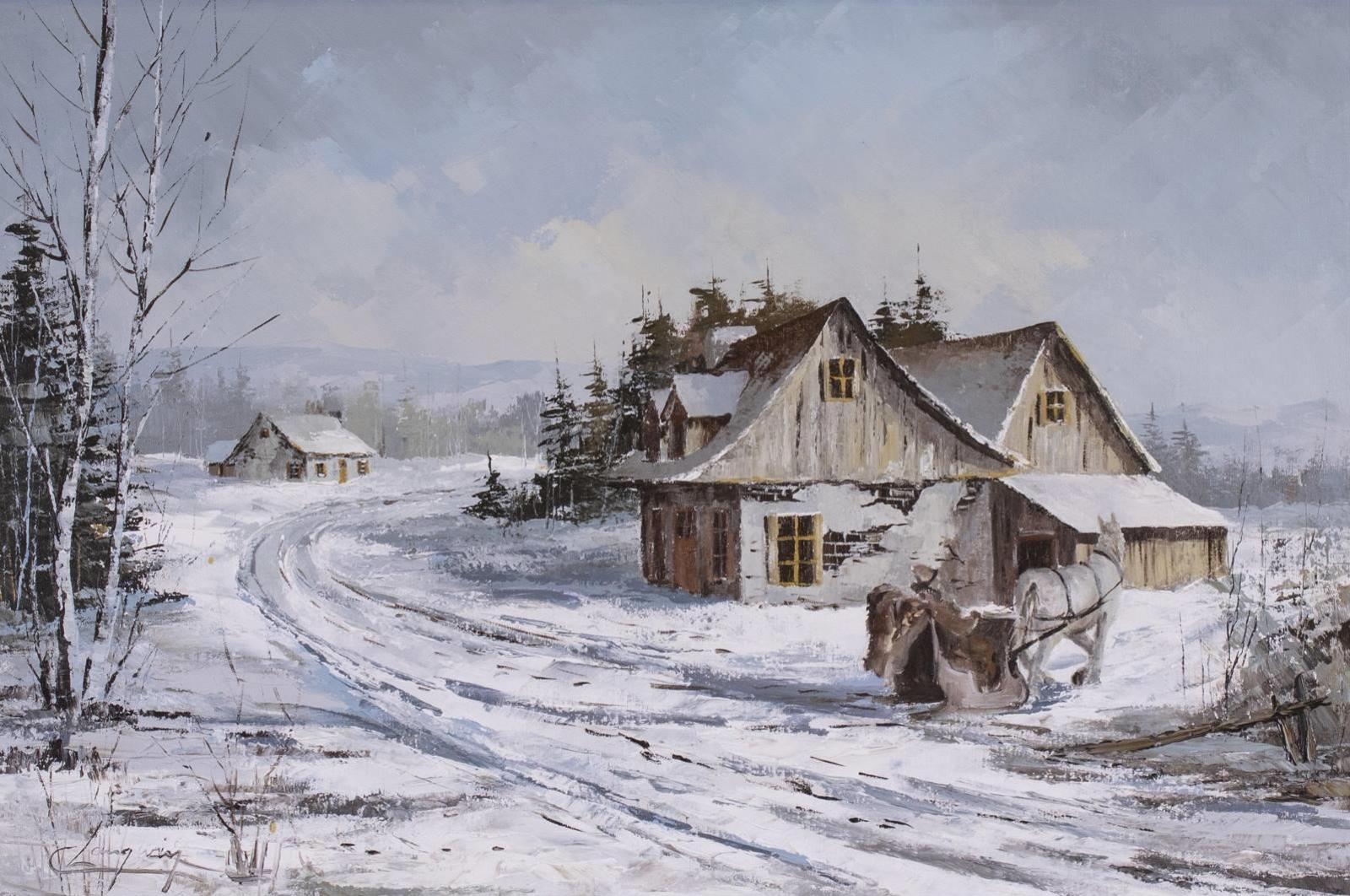 Claude Langevin (1942-2024) - Laurentian Scene, Horse And Sleigh By A Barn