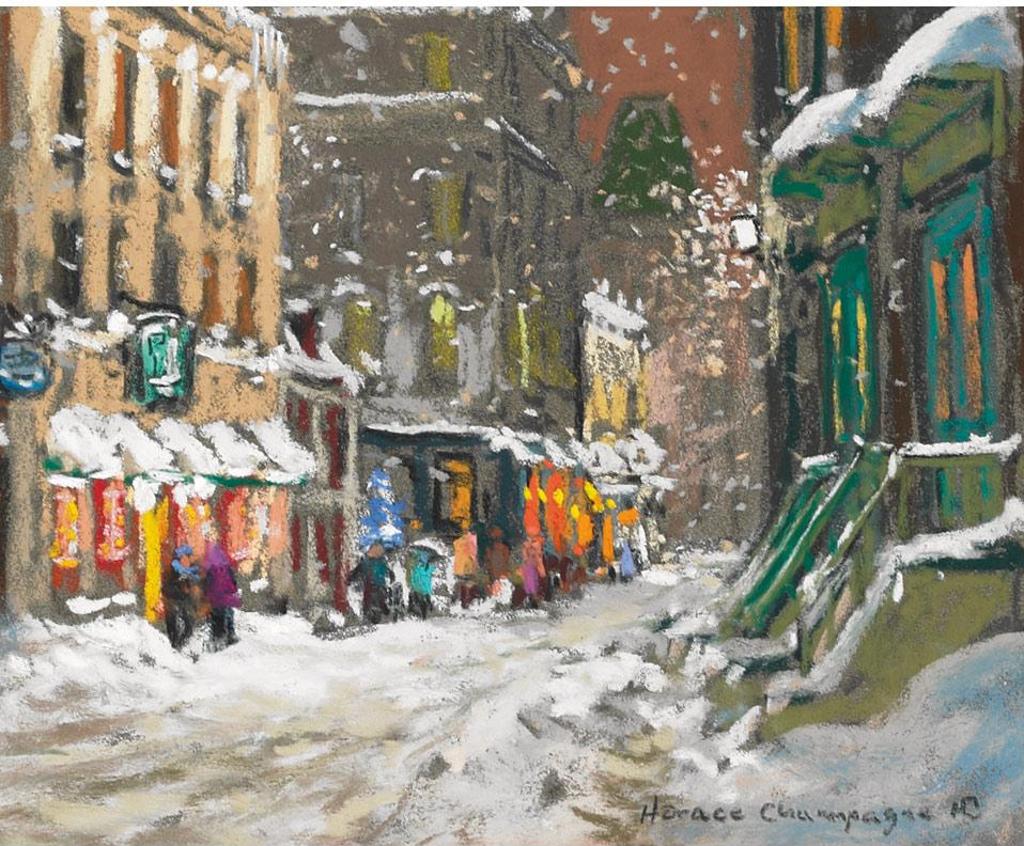 Horace Champagne (1937) - Snowflakes On Rue St. Louis, Restaurant Au Parmesan, Vieux Quebec