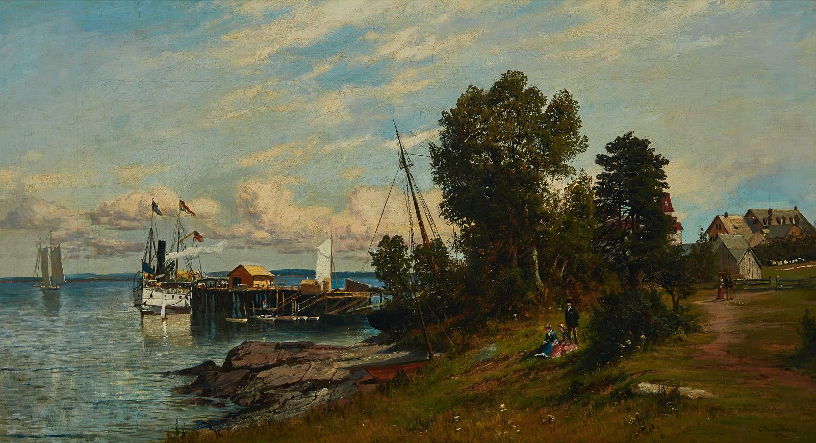 Carl Philipp Weber (1850-1921) - American Steam Ship At Dock With Villagers Milling About On A Sunny Day, 1879