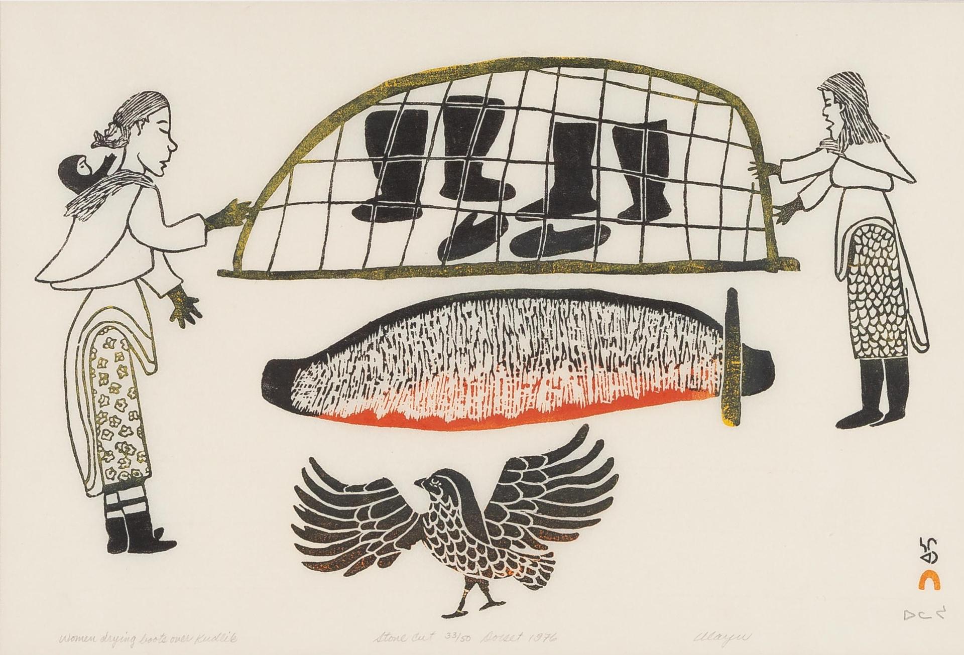 Ulayu Pingwartok (1904-1978) - Women Drying Boots Over Kudlik