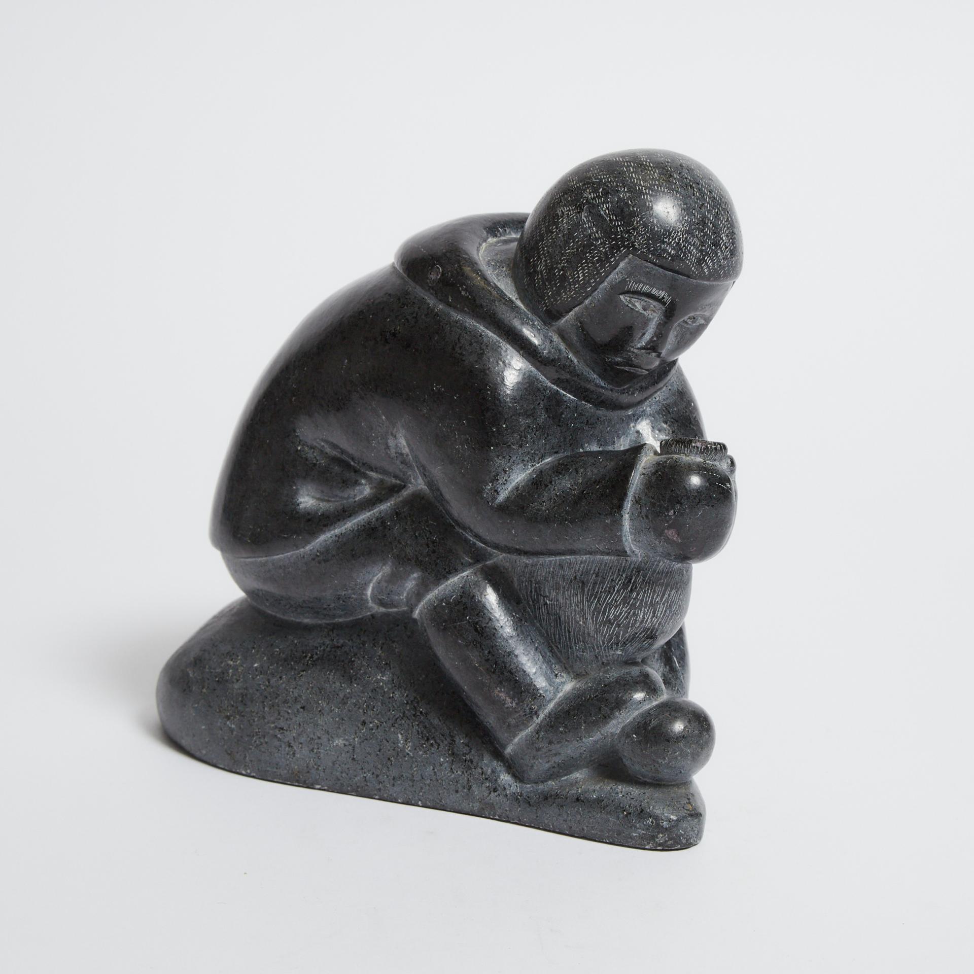 Levi Qumaluk (1919-1997) - Man Inflating An Avataq (Sealskin Float)