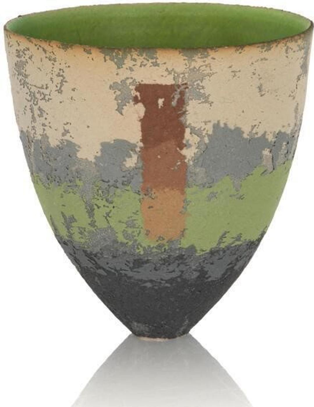 Clare Conrad (1949) - Multi-coloured stoneware textured surface tapered vessel with a brown vertical marking and a green interior. Signed on bottom