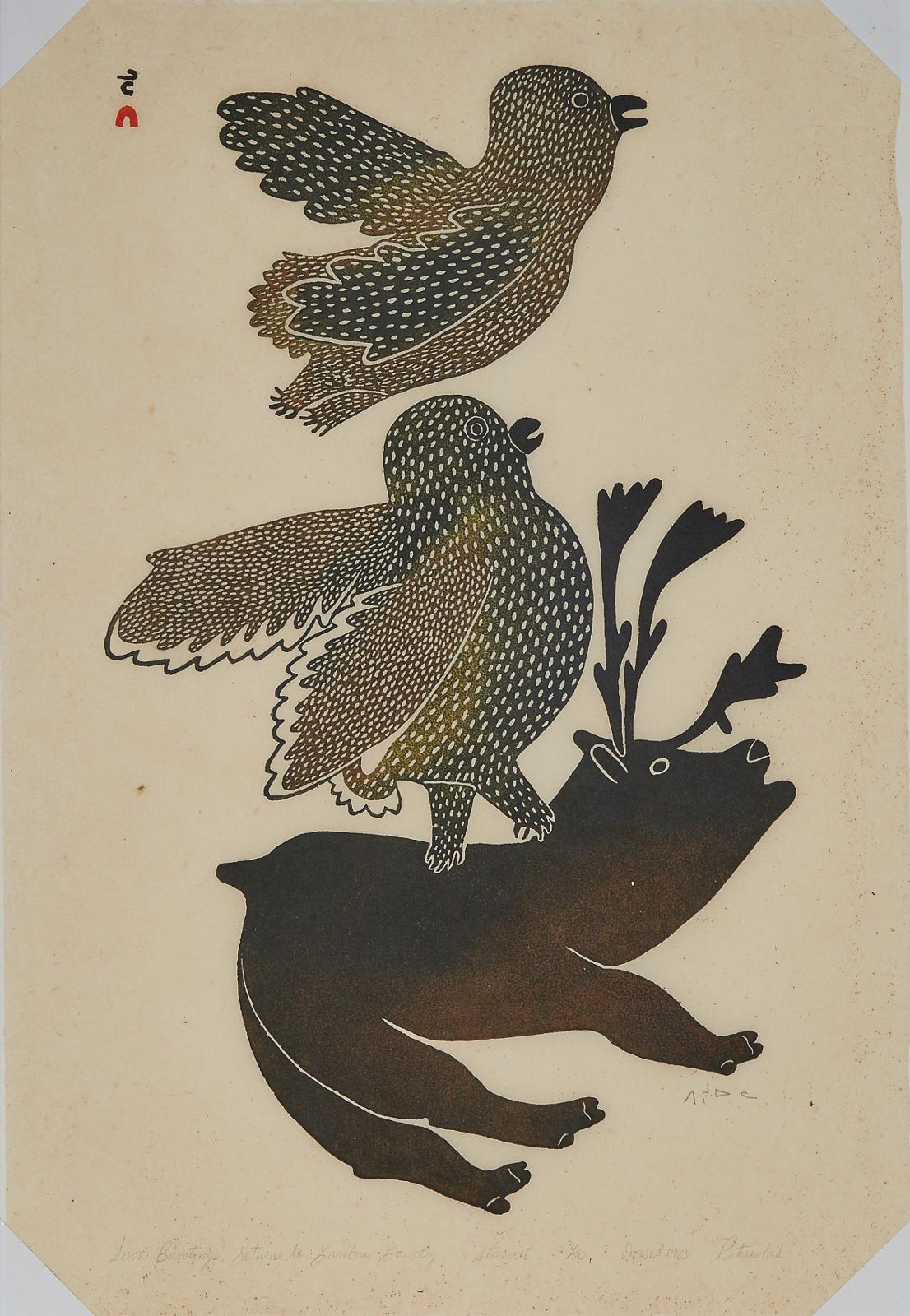Pitseolak Ashoona (1904-1983) - Snow Buntings Return To Caribou Country