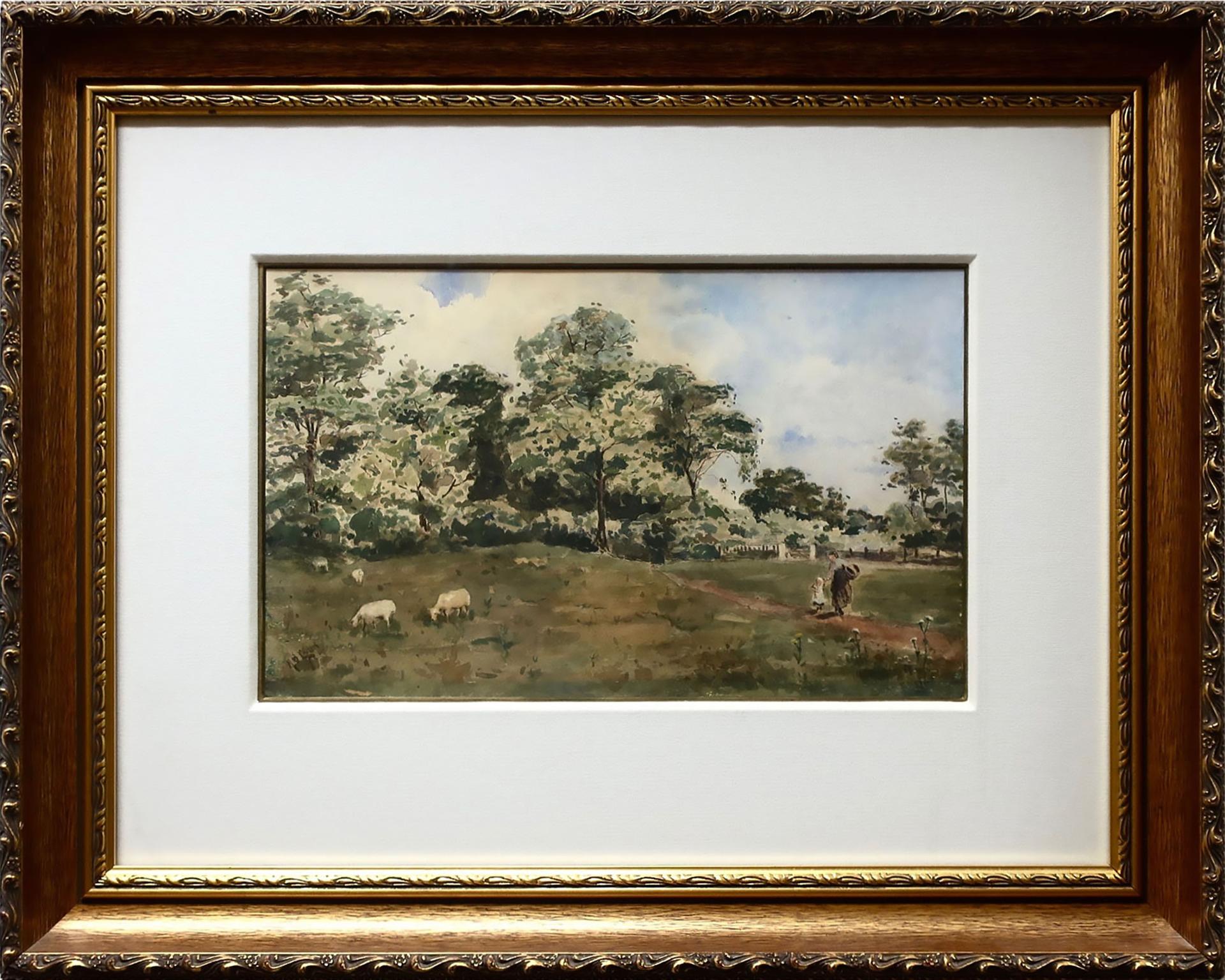 Norman Jonathan Lyon - Mother & Child Watching Grazing Sheep