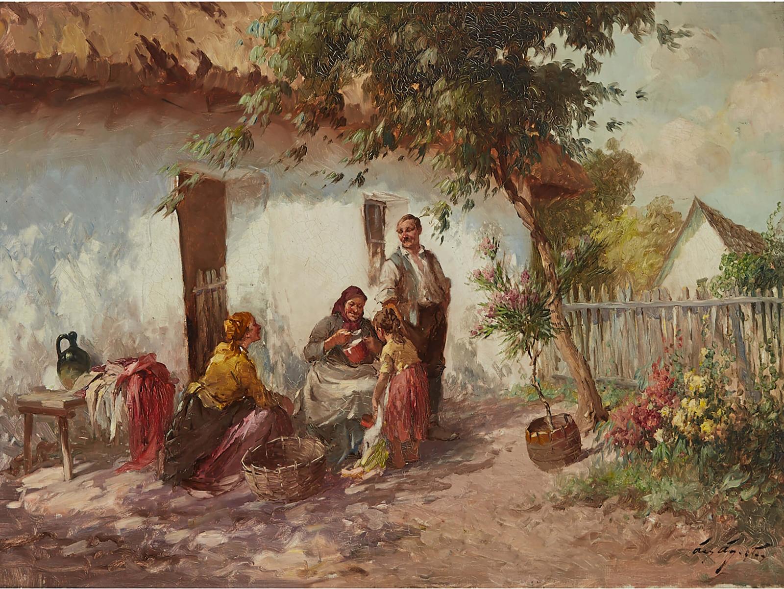 Agostin Acs (1889-1947) - Family Enjoying A Sunny Day Outside A Cottage