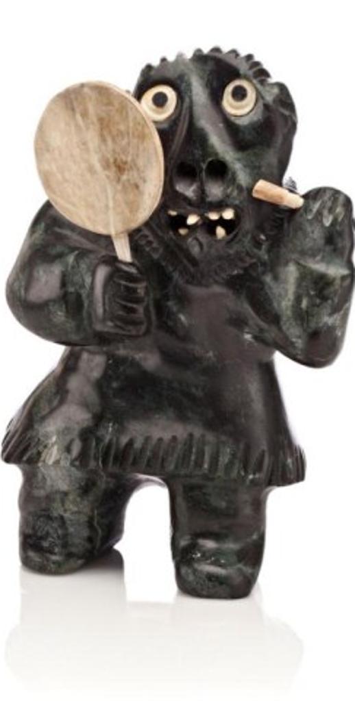 Judas Ullulaq (1937-1998) - Drum Dancer, ca. 1990, Mottled green-black stone and antler