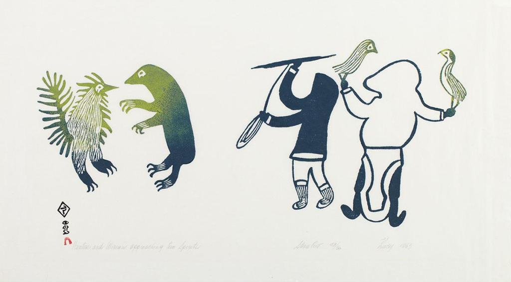 Lucy Qinnuayuak (1915-1982) - Hunter And Woman Approaching Two Spirits