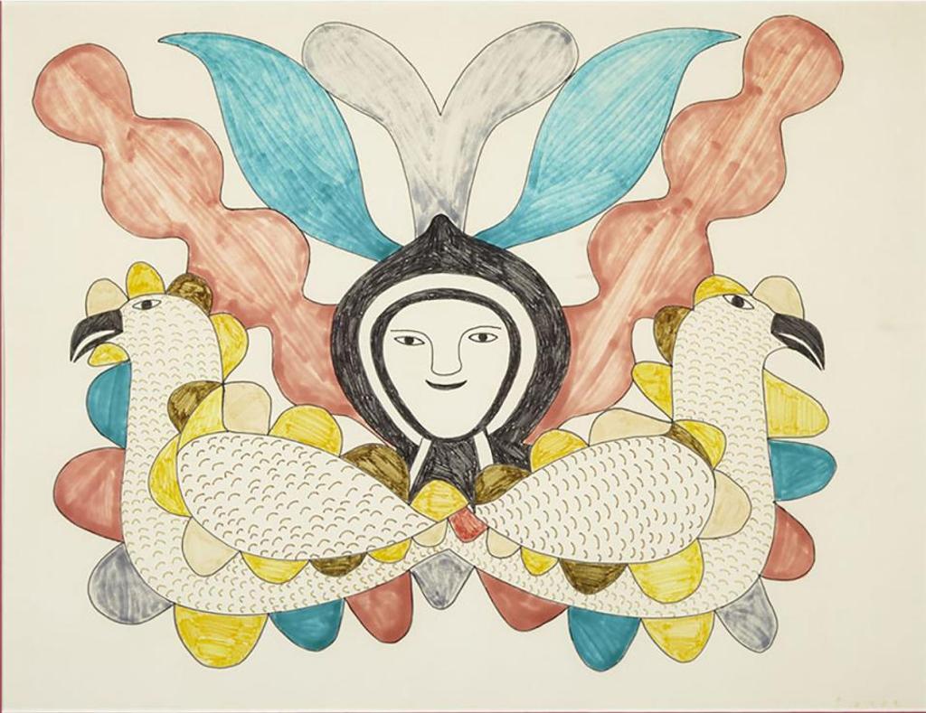 Kenojuak Ashevak (1927-2013) - Young Girl Flanked By Arctic Gulls