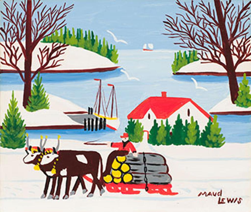 Maud Kathleen Lewis (1903-1970) - Oxen Pulling Logging Wagon