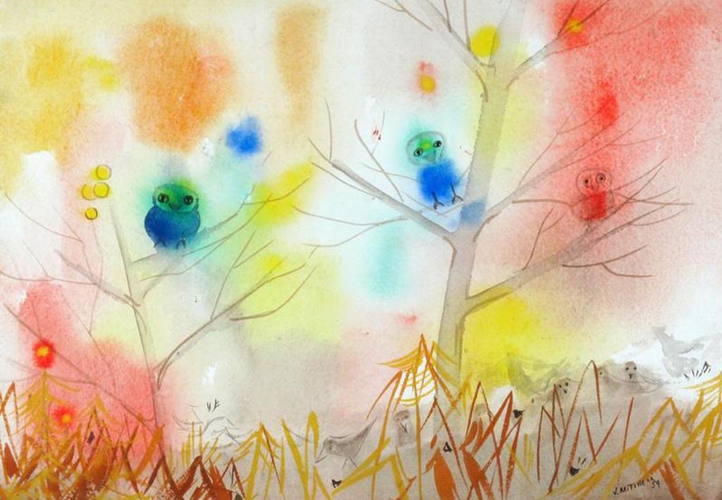 Janet Mitchell (1915-1998) - Owls And Birds In Autumn Trees; 1959