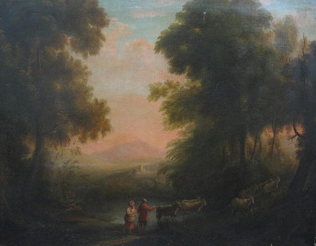 J. M. Mc Naughton - Highland Scene (Figures And Cattle By Woodland Pool)