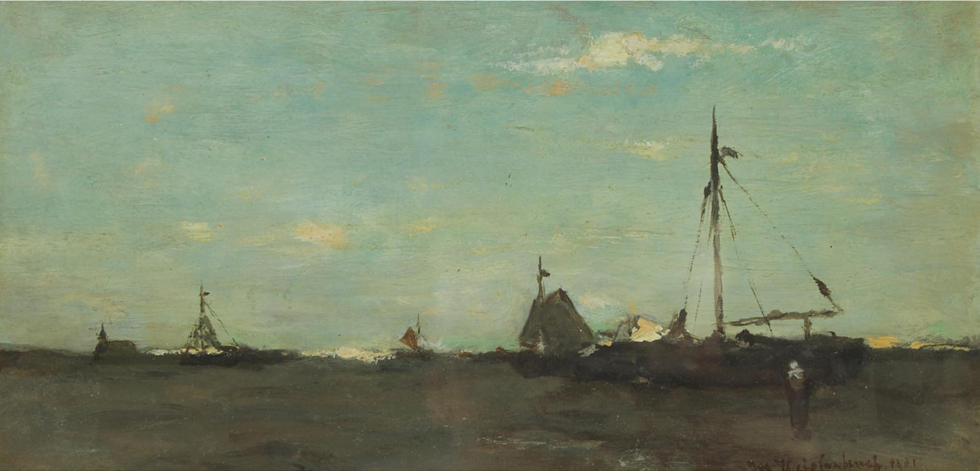 Jan (Johan) Hendrik Weissenbruch (1824-1903) - Stranded Boats And Fisherwoman On The Beach After The Tide, 1901