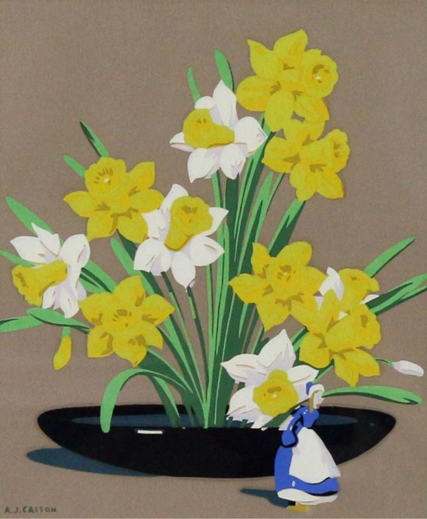 Alfred Joseph (A.J.) Casson (1898-1992) - Daffoldils With Delft Figurine