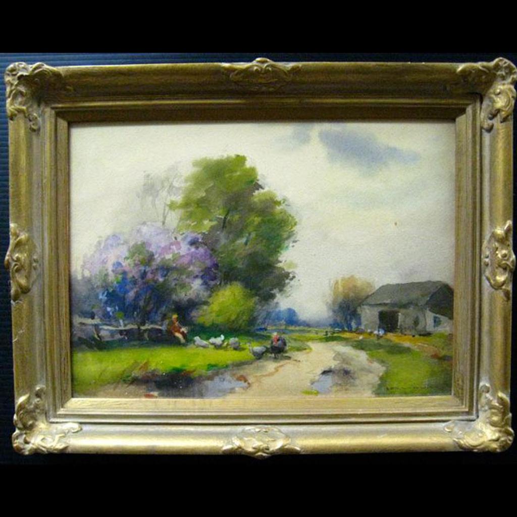 William St. Thomas Smith (1862-1947) - Farmer Resting On Old Rail Fence With Turkey And Geese