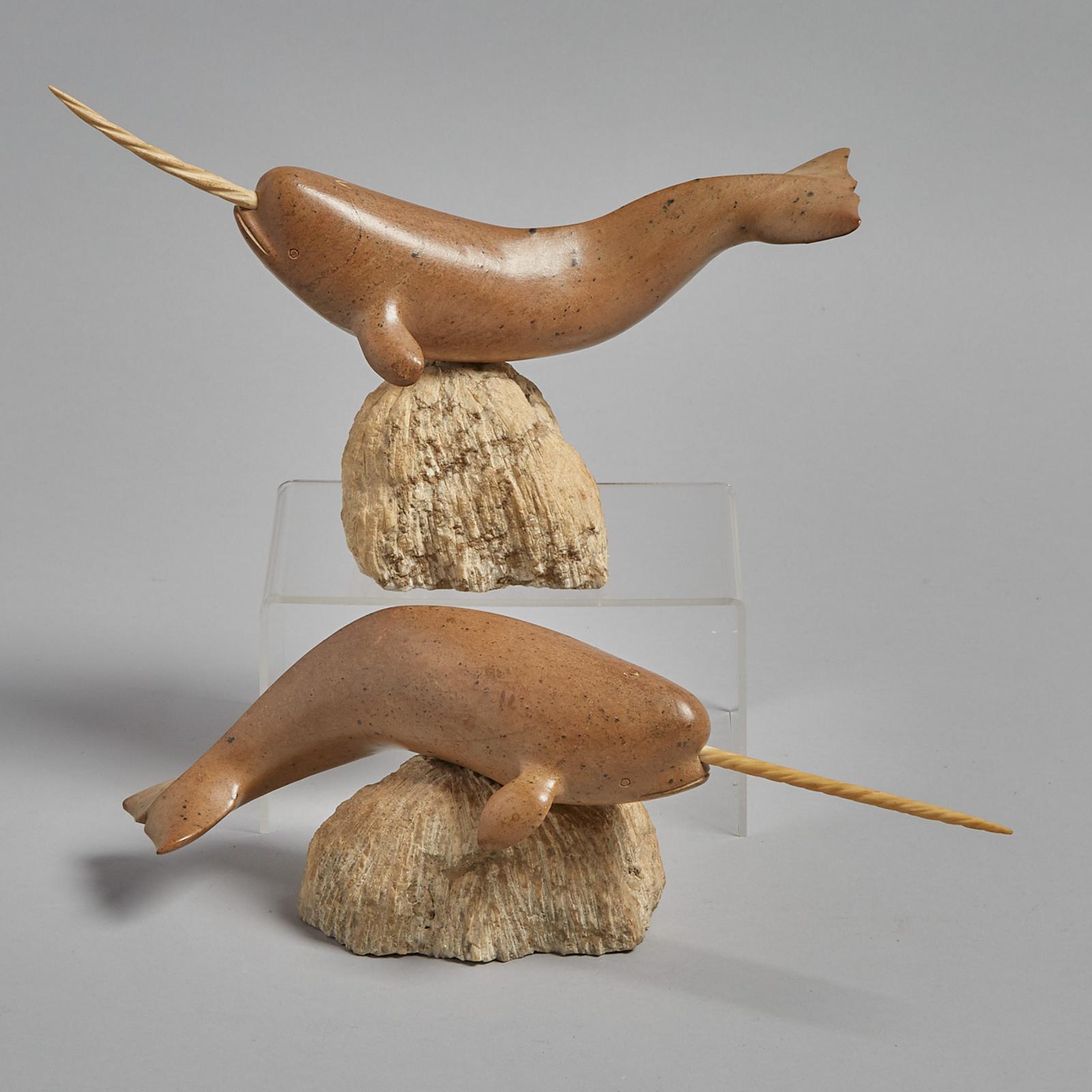 Zeke Mikeejuk (1950-1980) - Pair Of Mounted Narwhals