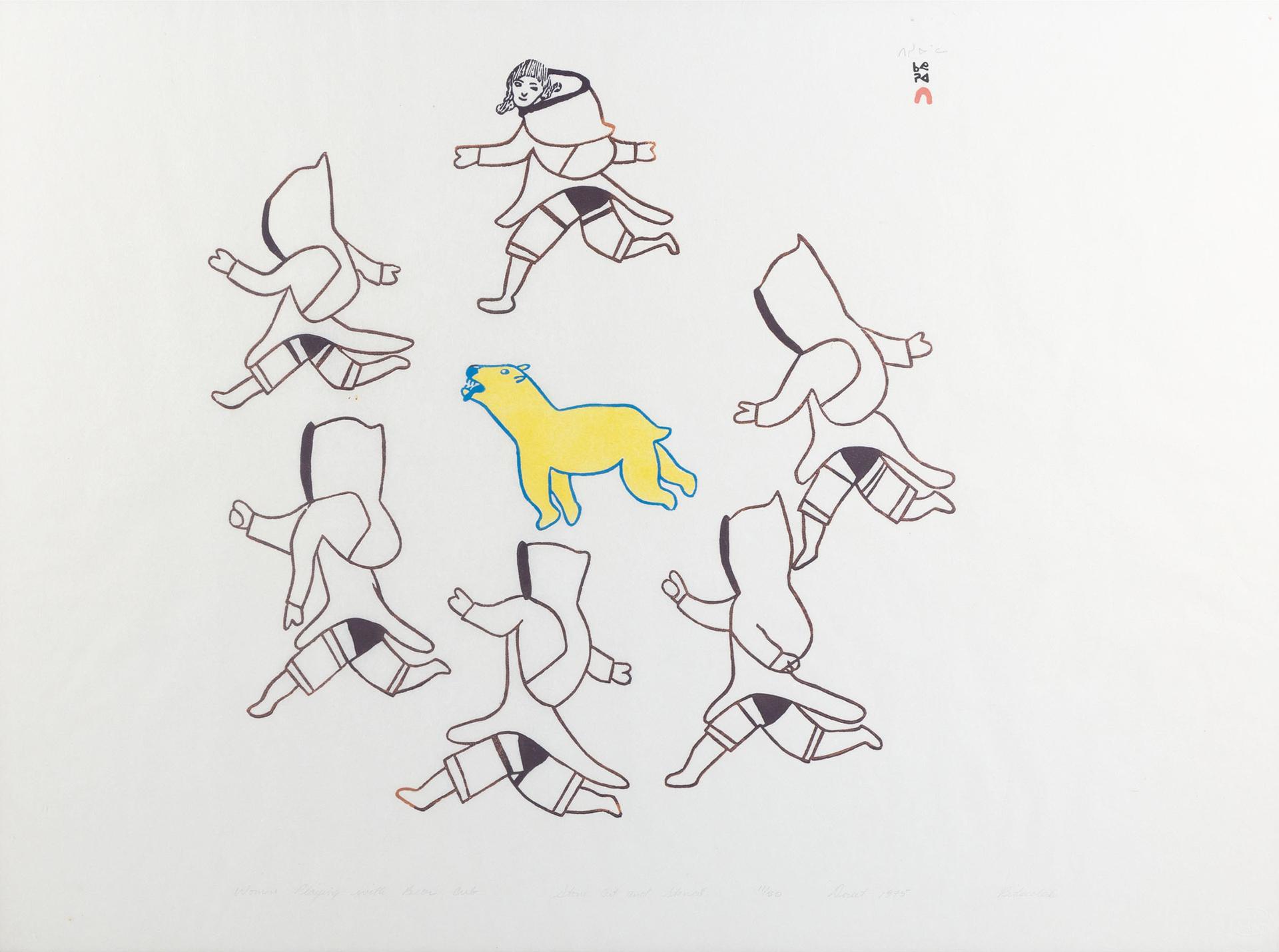 Pitseolak Ashoona (1904-1983) - Women Playing With Bear Cub, 1975