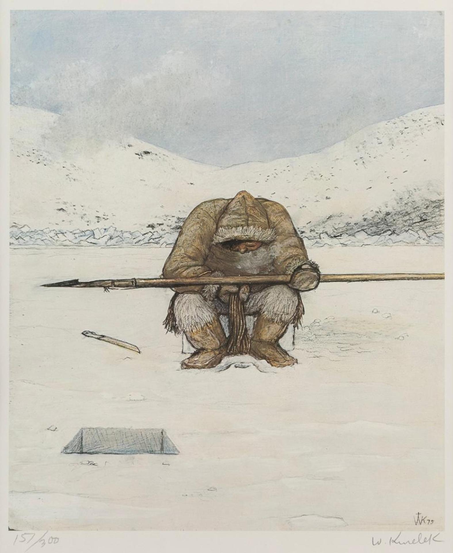 William Kurelek (1927-1977) - Hunter Awaiting Seal at Breathing Hole