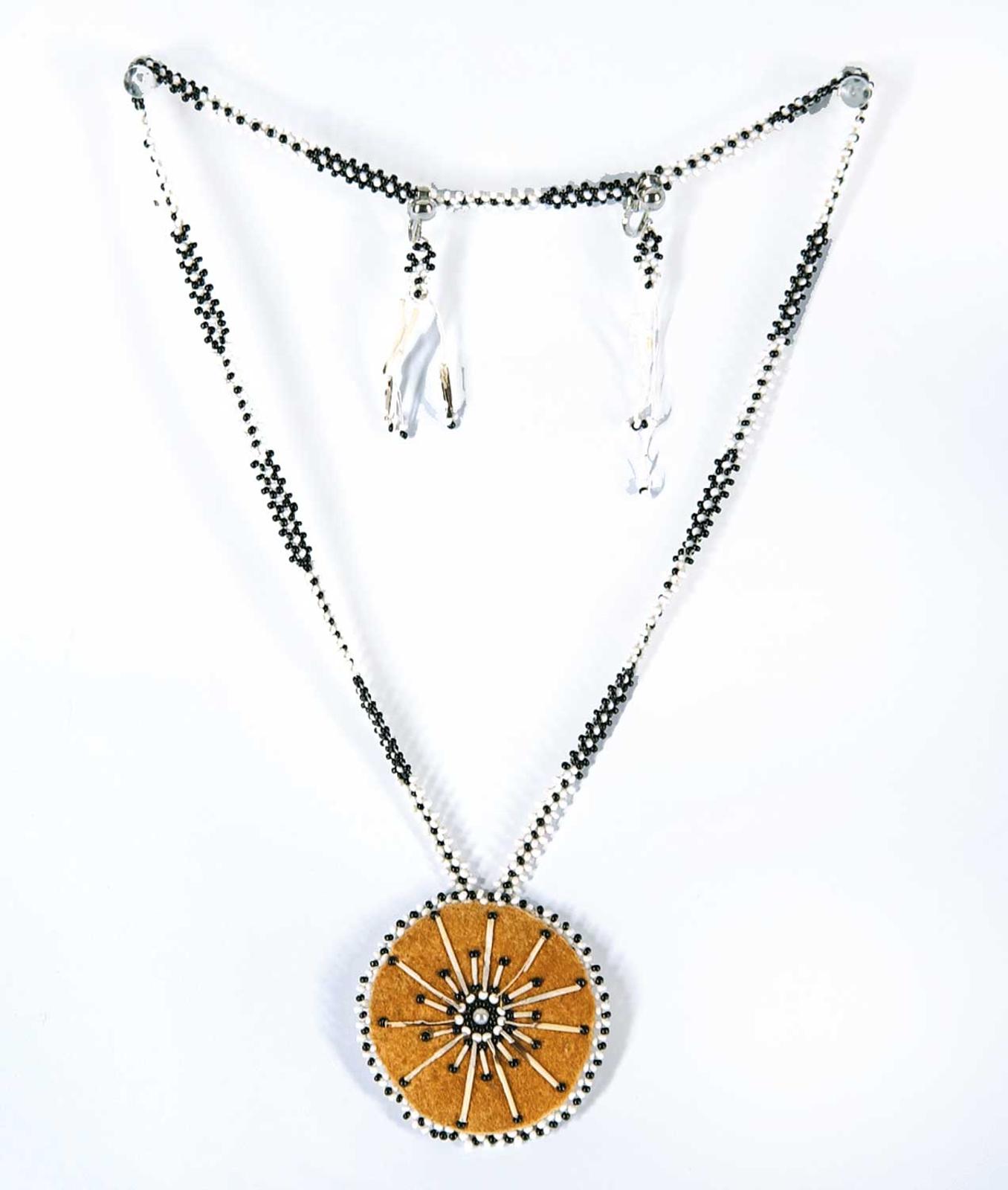 Robert Charles Aller (1922-2008) - Untitled - Black and White Beaded Necklace, Moose Hide with Quill Pendant and Clip-on Earrings