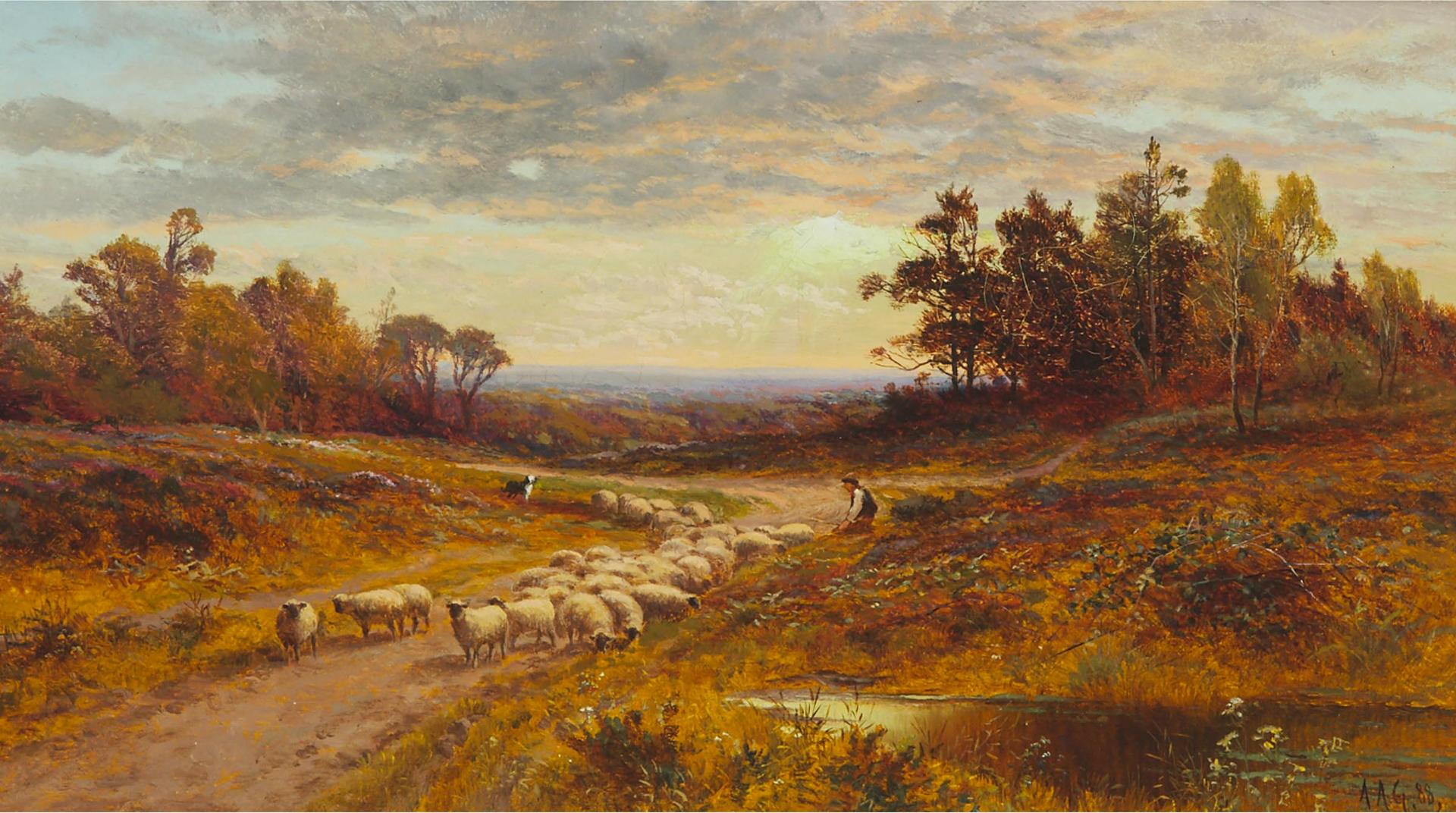 Alfred Augustus Glendening Snr (1840) - Herder Resting While His Dog Drives The Flock, Kent, 1888