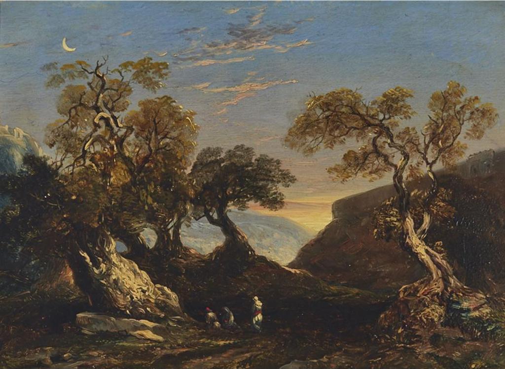 John Linnell Snr (1792-1882) - Robed Figures In Adoration Under A Sliver Of A Moon, Mountainous Landscape