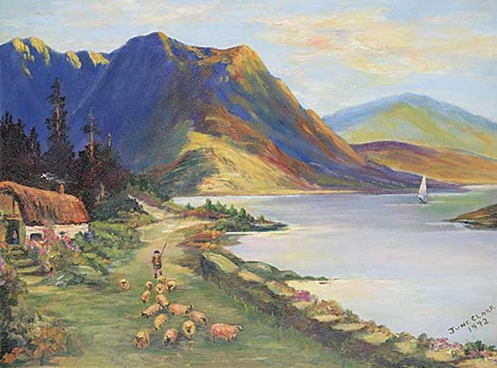 June Clark - Untitled - Herd of Sheep Along River