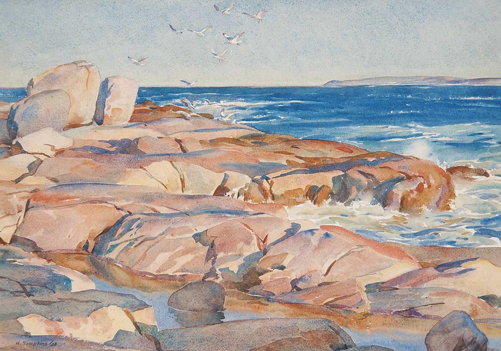Henry John Simpkins (1906-1995) - Untitled - Seagulls over a Rocky Beach