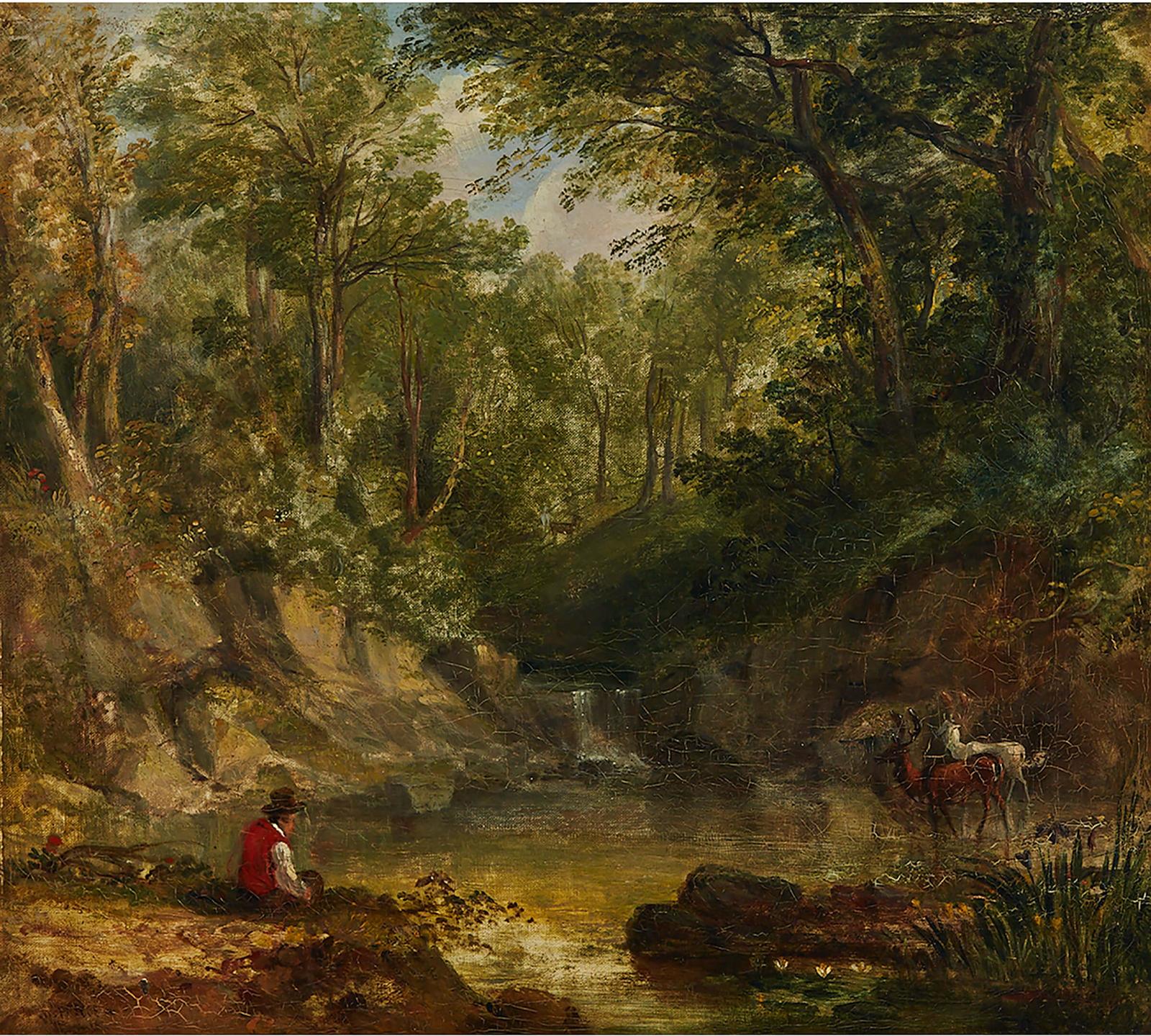 William Pascoe (1905-1912) - View On The Plym River (A Countryman Watching Stags Wading)