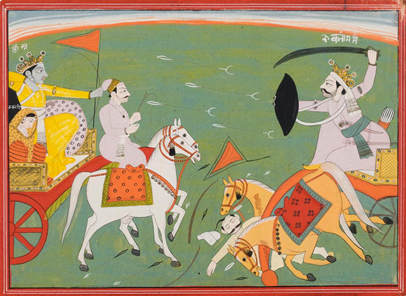 Indian Art - A Rajasthan Painted Miniature of Krishna on a Chariot, 19th Century