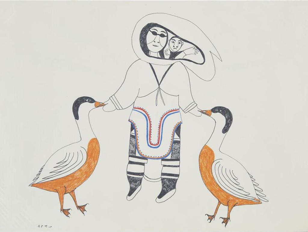 Eegyvudluk Pootoogook (1931-1999) - Woman Feeding Geese