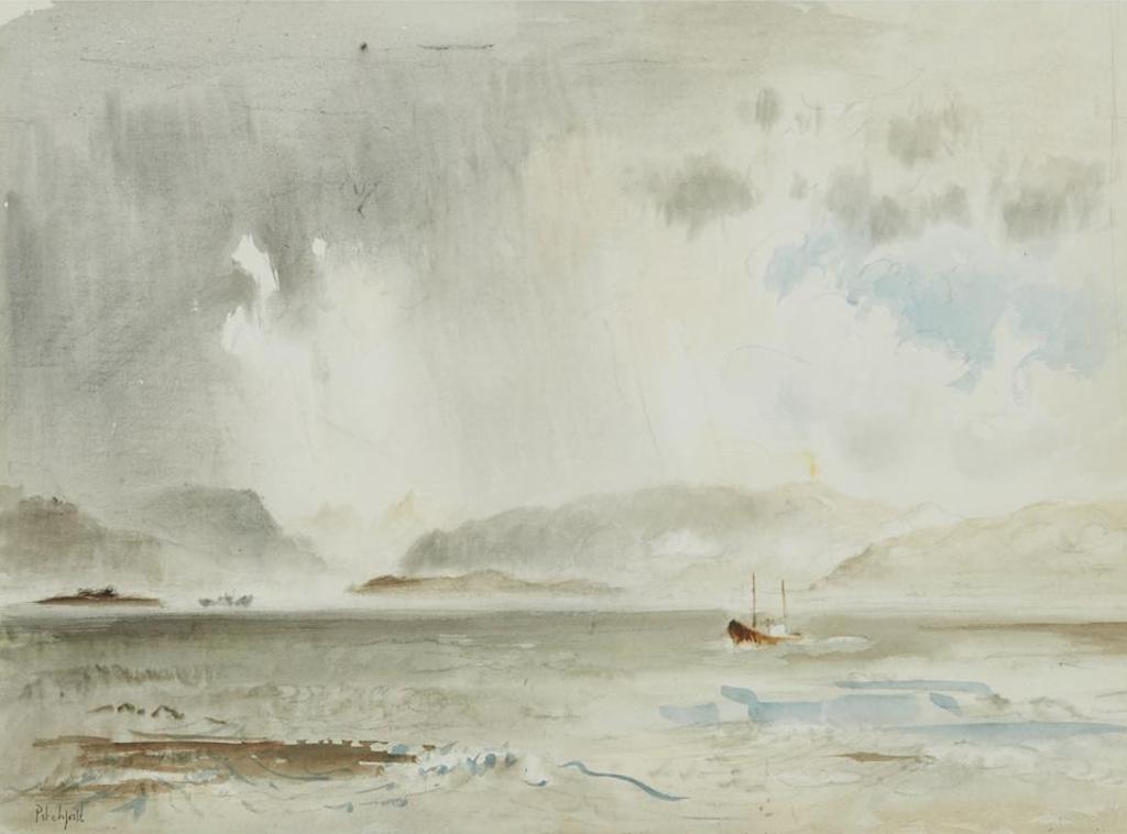 Roland Vivian Pitchforth (1895-1982) - Small Boat Amidst A Overcast Sky; Ship On Horizon With Rippling Waves