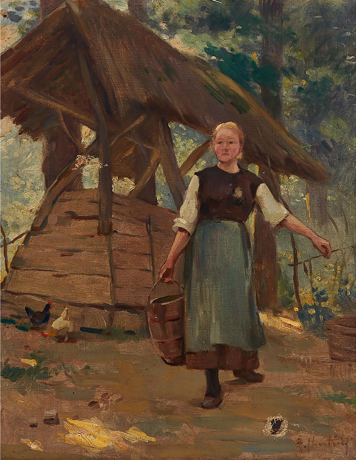 René Louis Chrétien (1867-1942) - La Fermière (Country Girl In A Barnyard With Chickens)