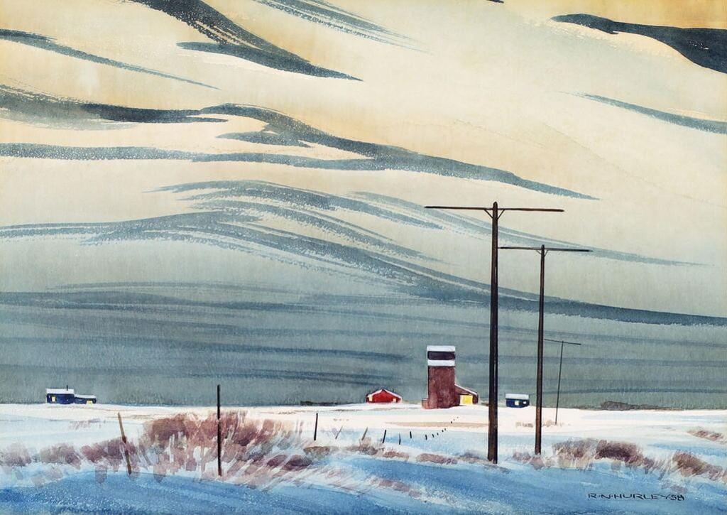 Robert Newton Hurley (1894-1980) - Farm With Grain Elevator, Nocturne; 1958